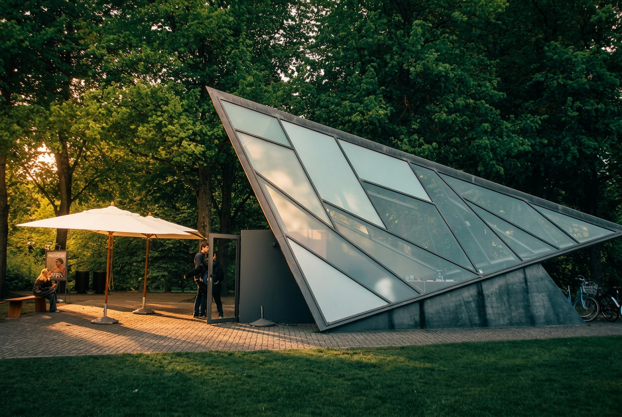 Sharp triangular glass pavilion in a green park, marking the entrance to Cisternerne beneath Søndermarken.